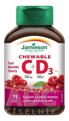 JAMIESON VITAMÍNY C a D3 500 mg/ 500 IU tablety na cmúľanie s čerešňovou príchuťou 1x75 ks